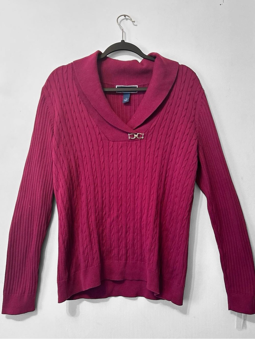 Karen Scott Magenta Cotton Cable Knit Sweater Shawl Neck Size Large - Picture 2 of 8
